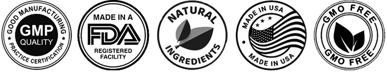 GMP, FDA, Natural Ingredients, Made in USA, GMO Free certification marks